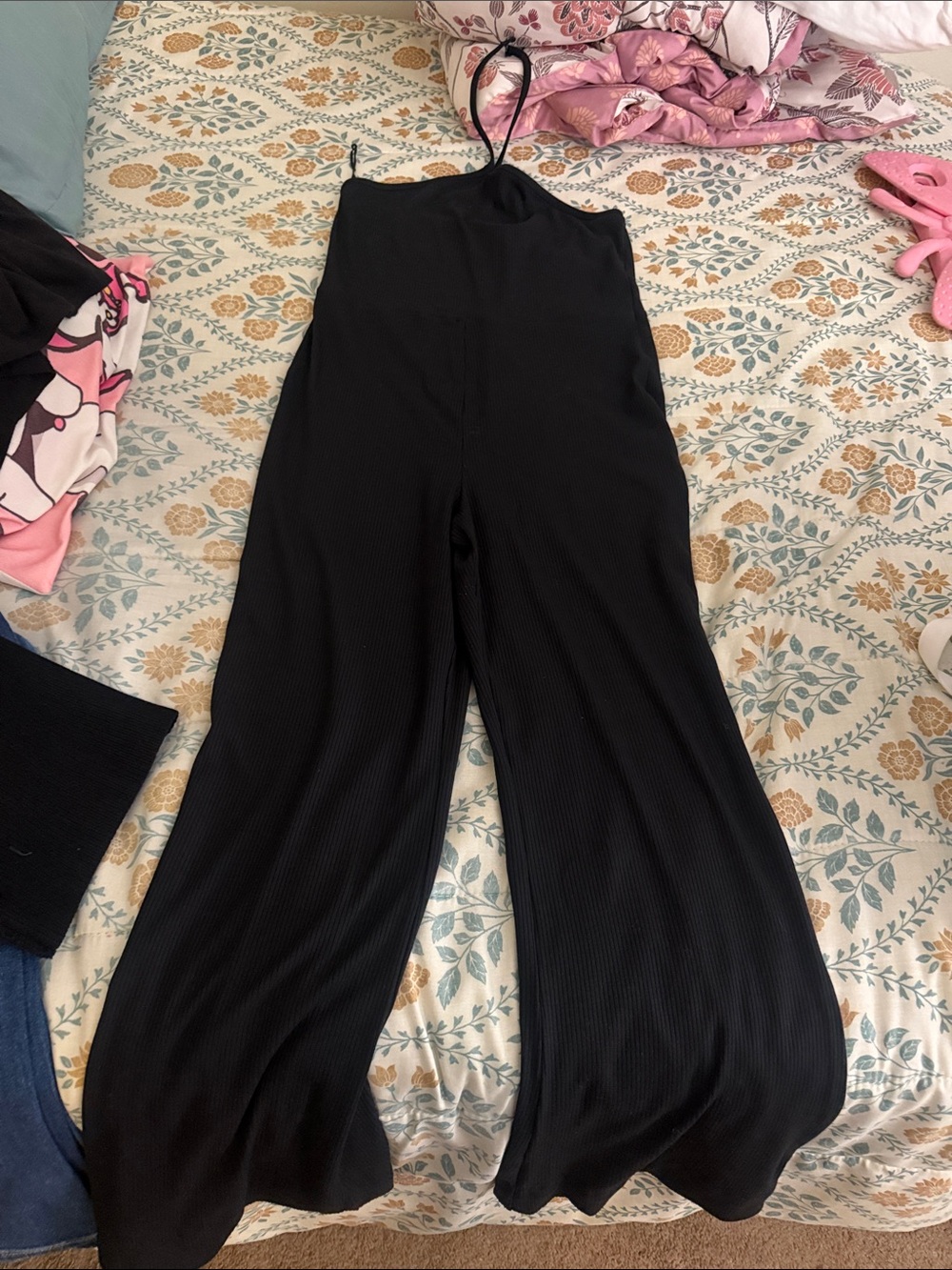 American Eagle Outfitters Black Ribbed Wide-Leg Spaghetti-Strap Jumpsuit